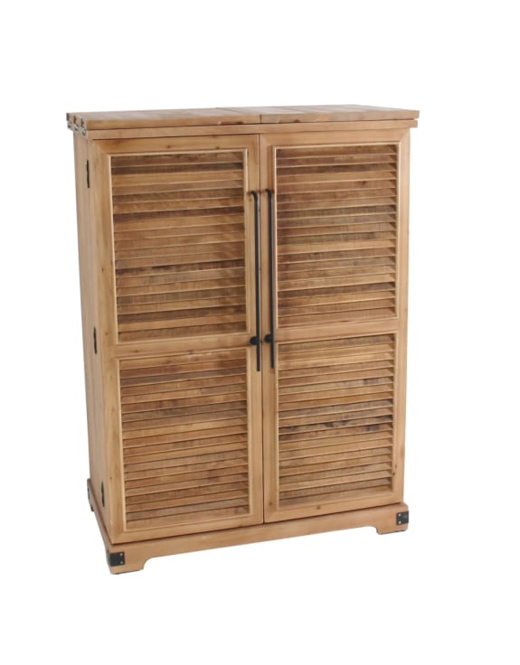 Rustic Slatted Wood Fold-Out Bar Cabinet