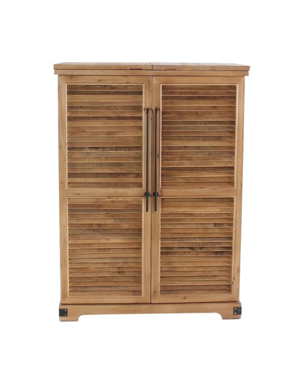 Rustic Slatted Wood Fold-Out Bar Cabinet