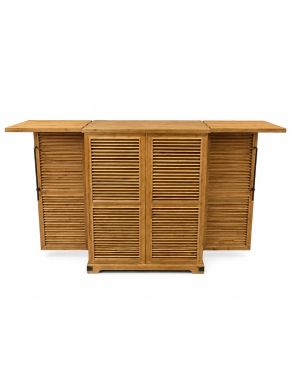 Rustic Slatted Wood Fold-Out Bar Cabinet