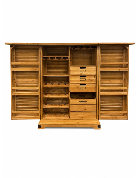 Rustic Slatted Wood Fold-Out Bar Cabinet