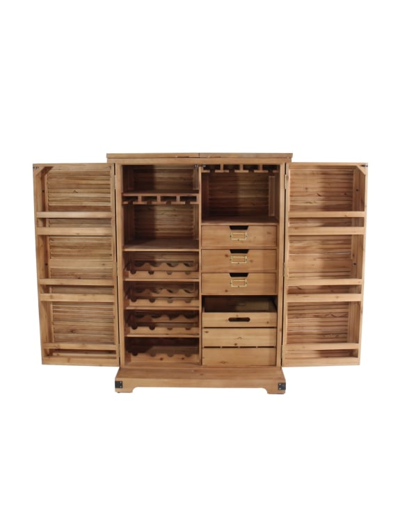 Rustic Slatted Wood Fold-Out Bar Cabinet