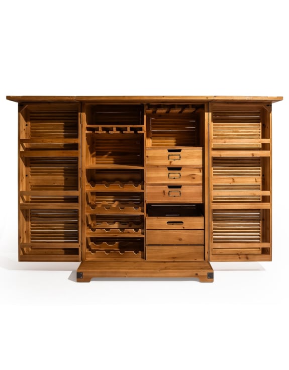 Rustic Slatted Wood Fold-Out Bar Cabinet