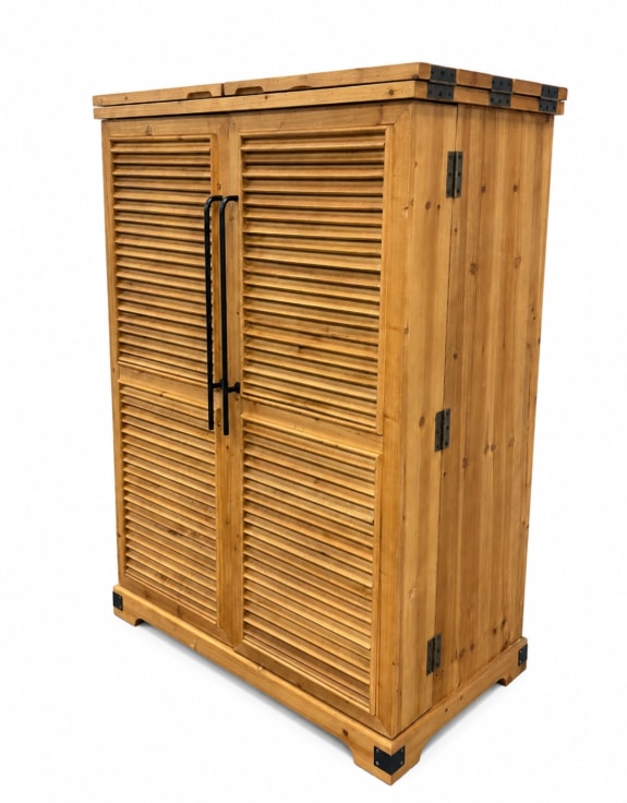 Rustic Slatted Wood Fold-Out Bar Cabinet