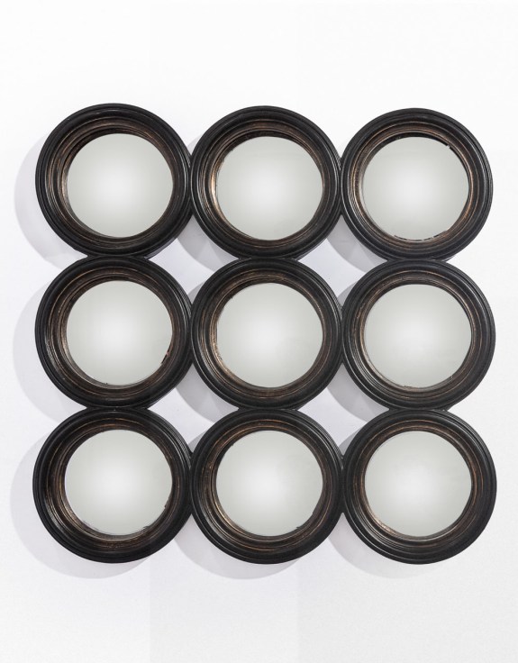 Locked Set of 9 Ornate Antiqued Black Convex Mirrors