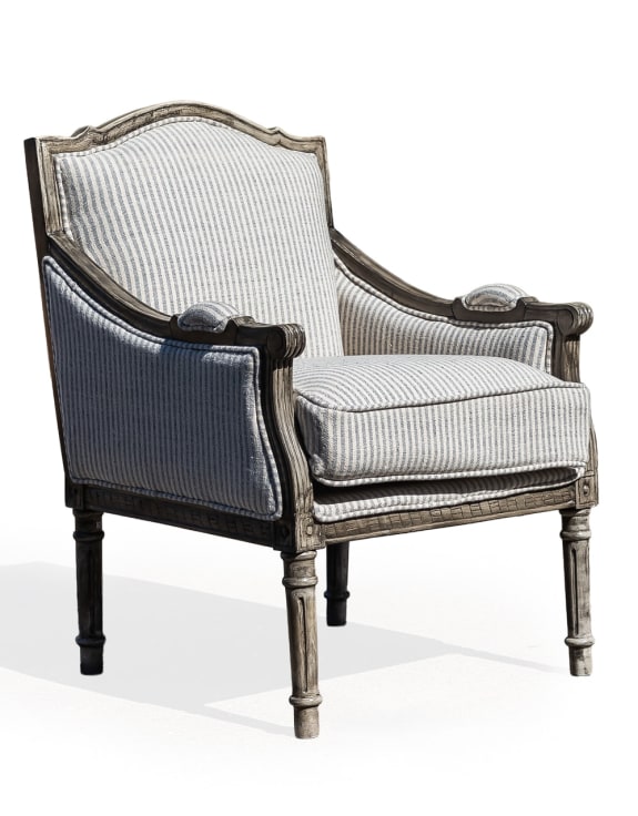 Pearson-Style Blue & White Pinstripe Occasional Wooden Armchair
