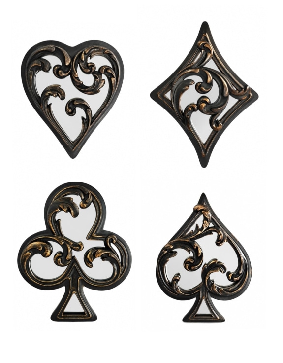 Set of 4 Antique Black "Playing Card Suits" Mirrored Wall Ornaments