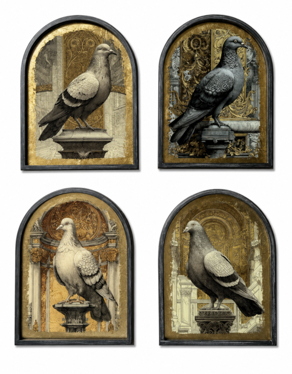 Set of 4 Metal-Framed Gold Neoclassical Pigeon Wall Art Prints