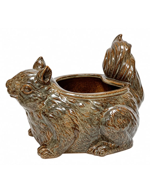 Mottled Brown Glazed Squirrel Ceramic Planter