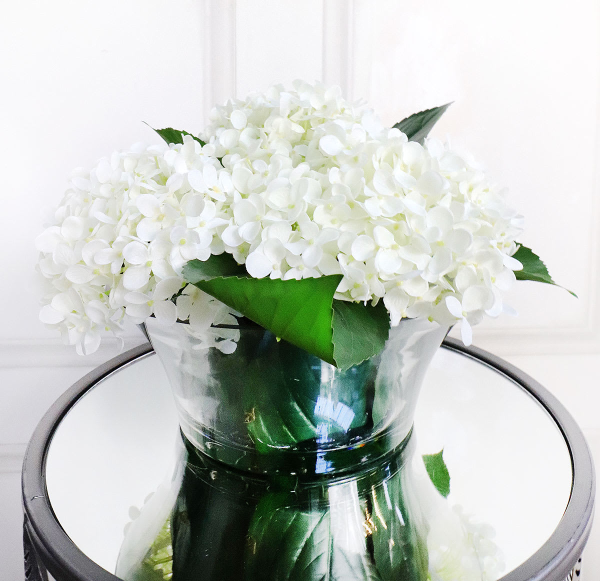 White Hydrangea Annabelle Arrangement in Leaf Glass Bowl