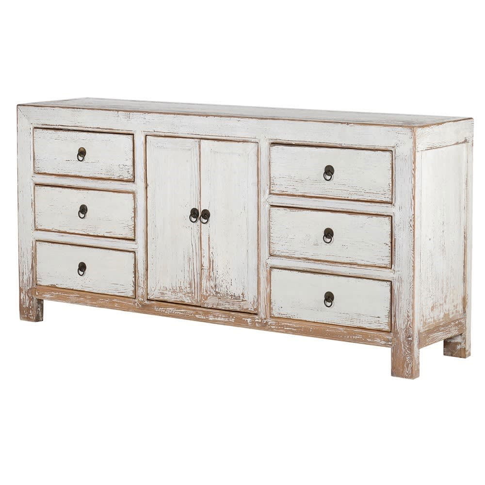 White Finish Oriental 6 Drawer 2 Door Sideboard