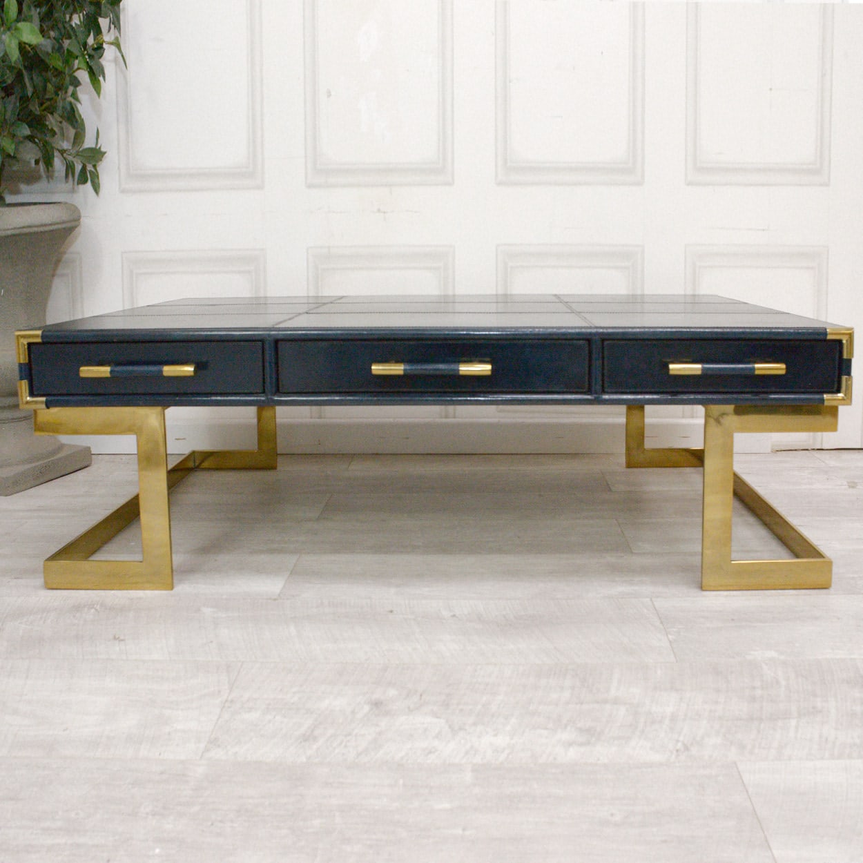 Blue Leather with Gold Trim Coffee Table Nicky Cornell