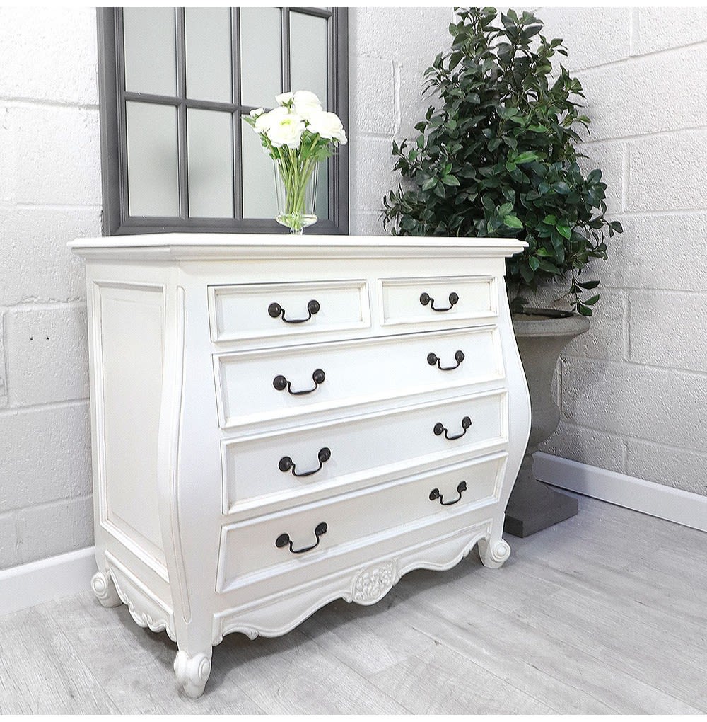 French Style White 5 Drawer Bombe Chest of Drawers | Nicky Cornell