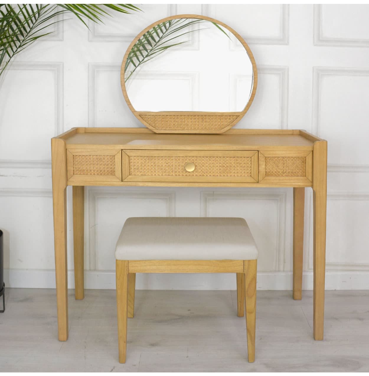 Bali Rattan Dressing Table Mirror and Stool Set by Baker Furniture
