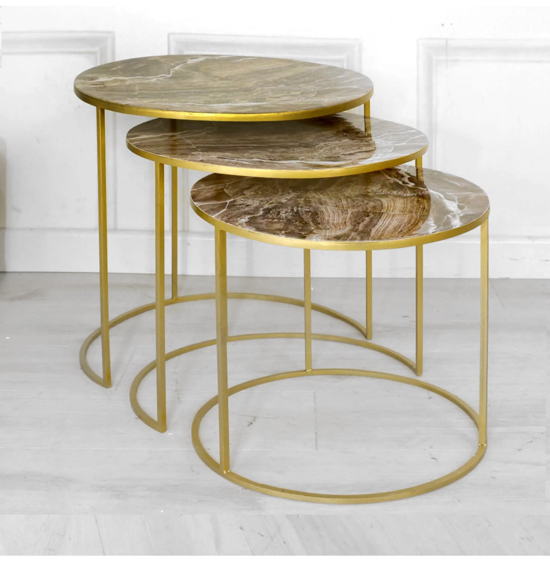 Set of 3 Gold Marble Style Nest of Tables Nicky Cornell