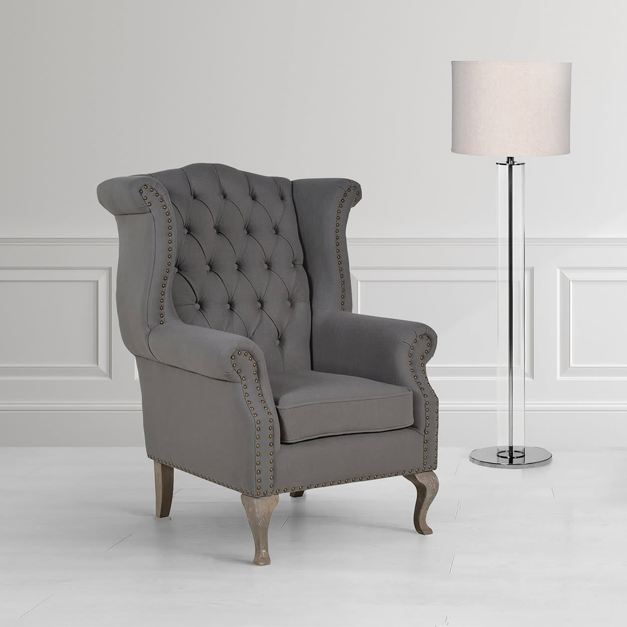 Grey Studded Linen Button Back Armchair Nicky Cornell