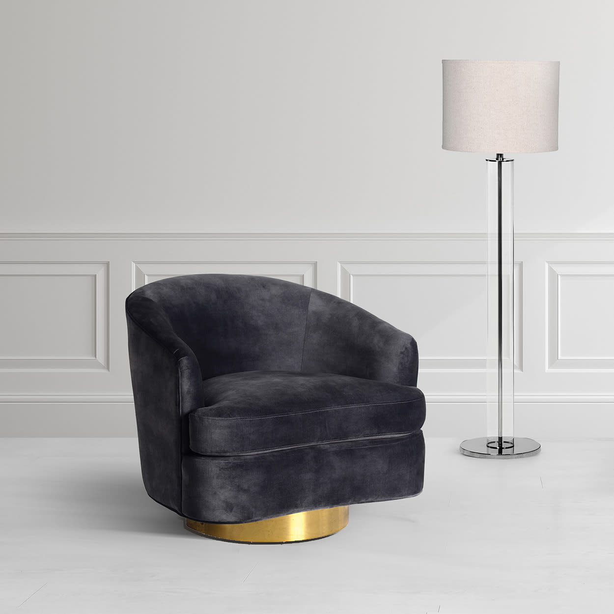 Slate Grey Velvet and Gold Swivel Chair 