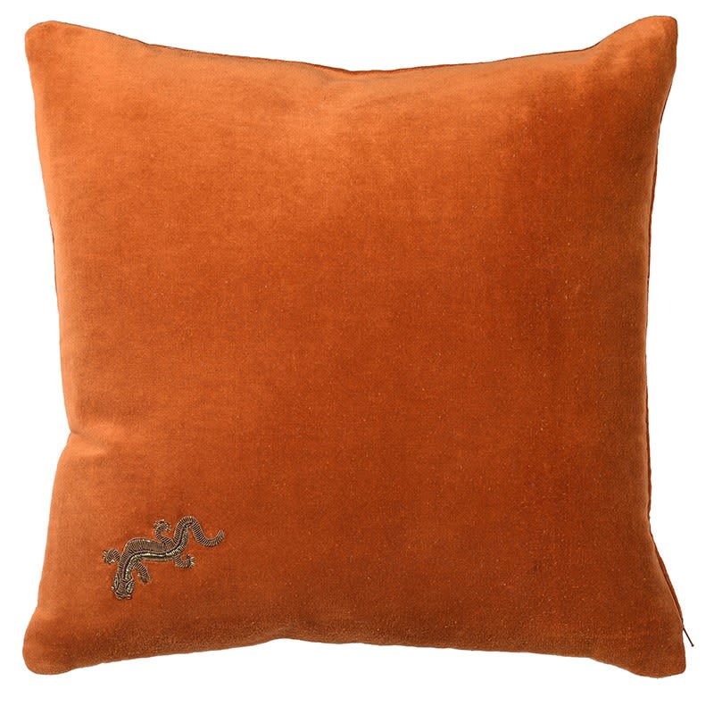 Orange Cushion with Zardozi Embroidered Gecko