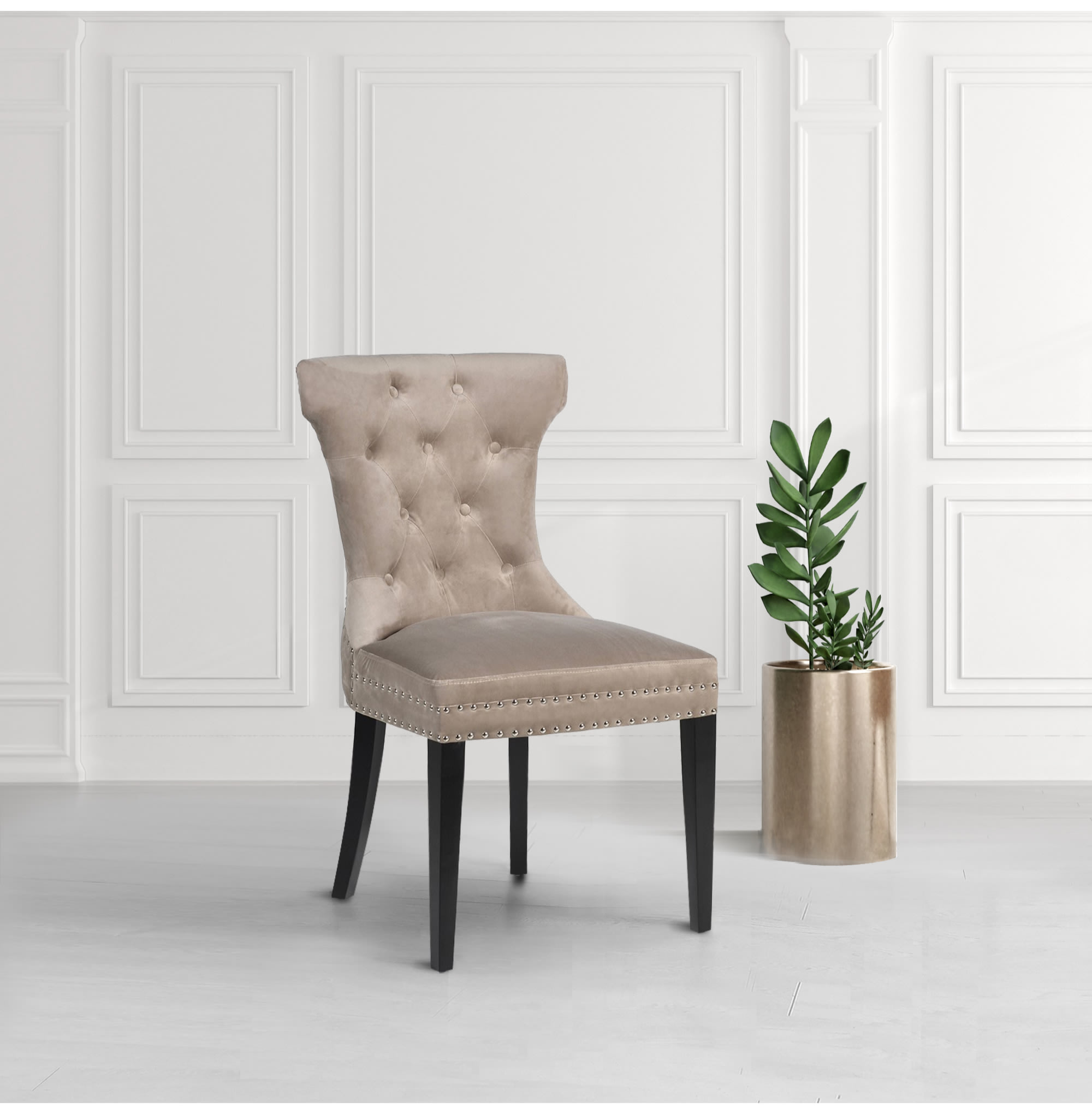 Light Beige Buttoned Velvet Dark Leg Dining Chair