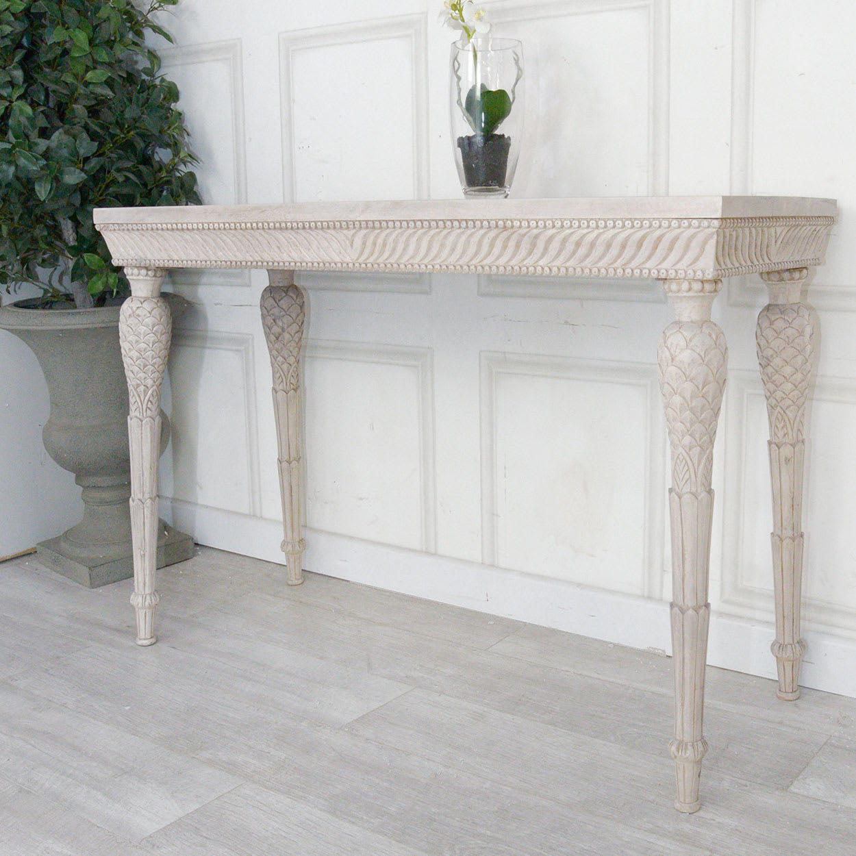 Distressed White Washed Carved Console Table