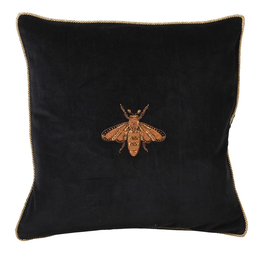 Black Embroidered Bee Cushion