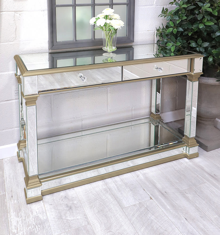 Venetian Mirrored Column Console Table Brushed Gold