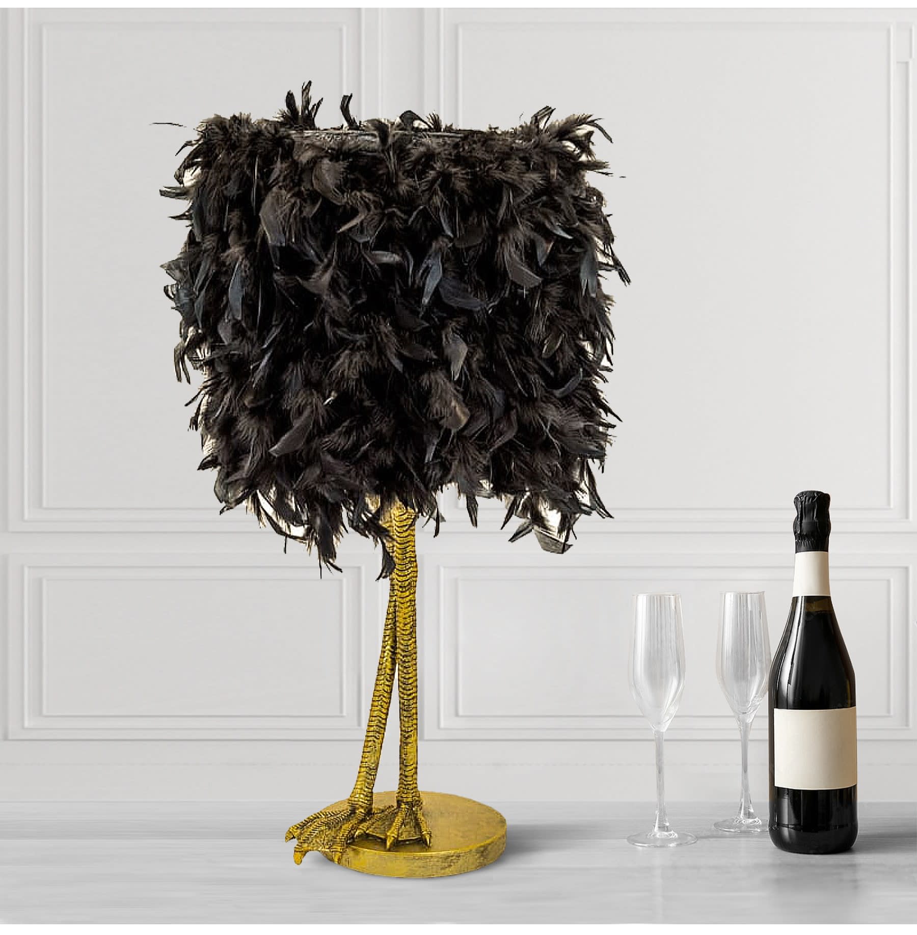 Large Gold Bird Leg Black Feather Lamp