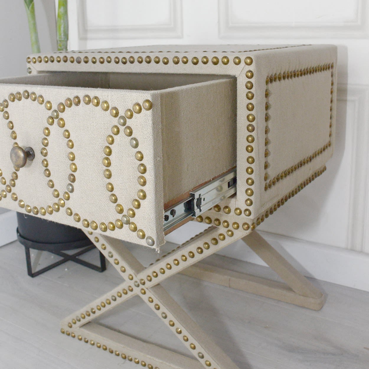 Studded Linen Cross Leg Bedside Table Nicky Cornell