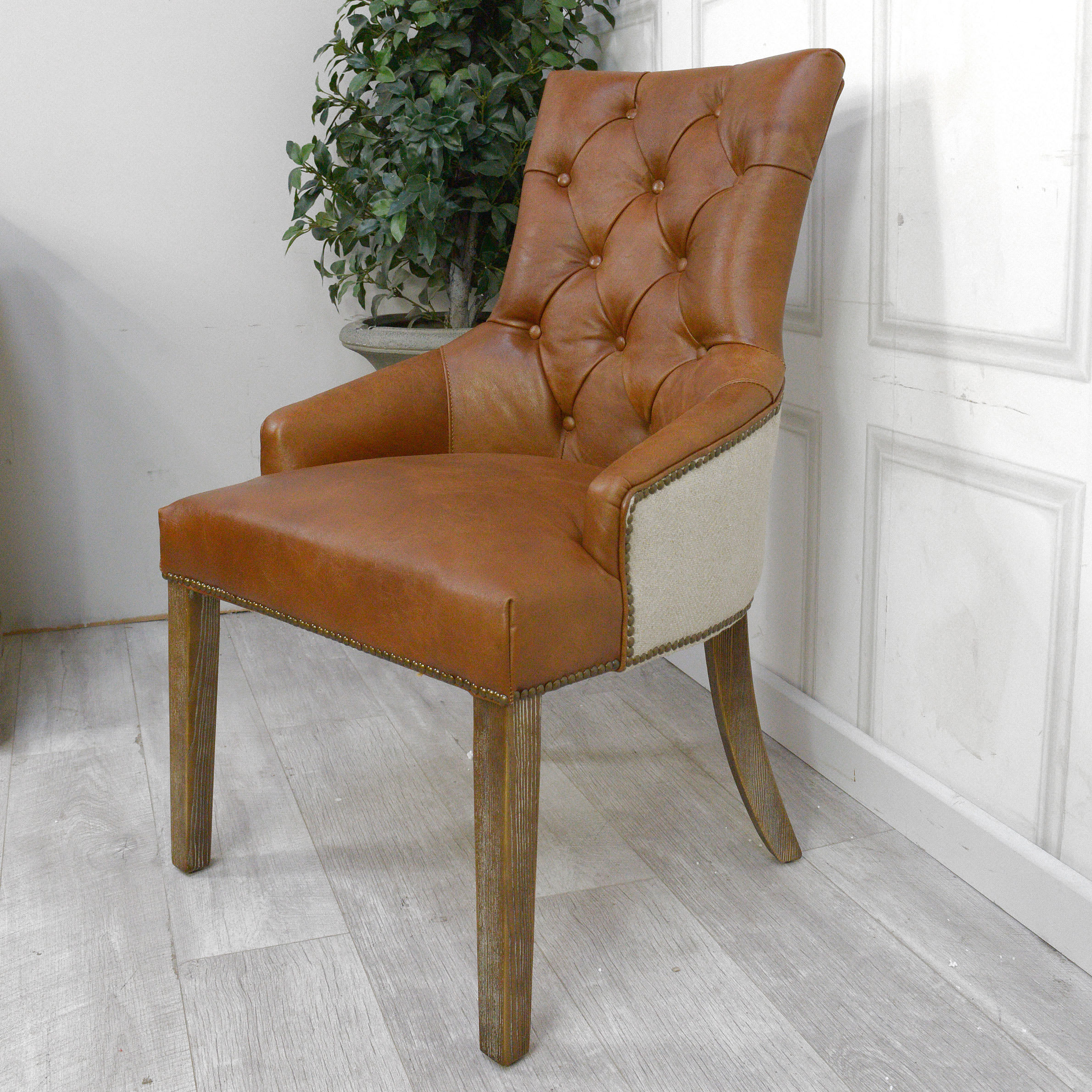 Vintage Leather and Linen Buttoned Dining Chair