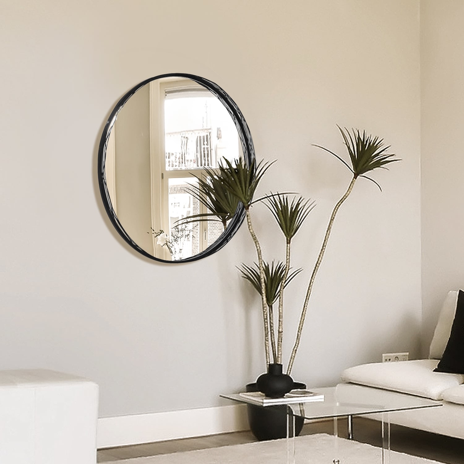 Black Wire Framed Round Wall Mirror