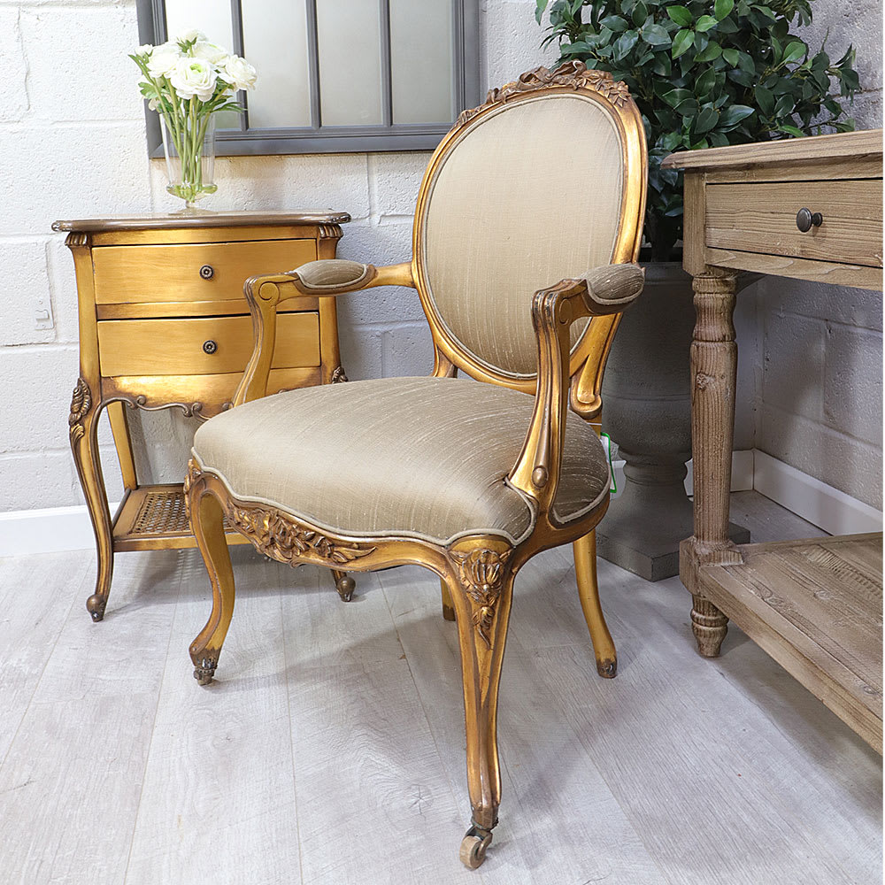 French Style Gold Gilt Carved Armchair Silk