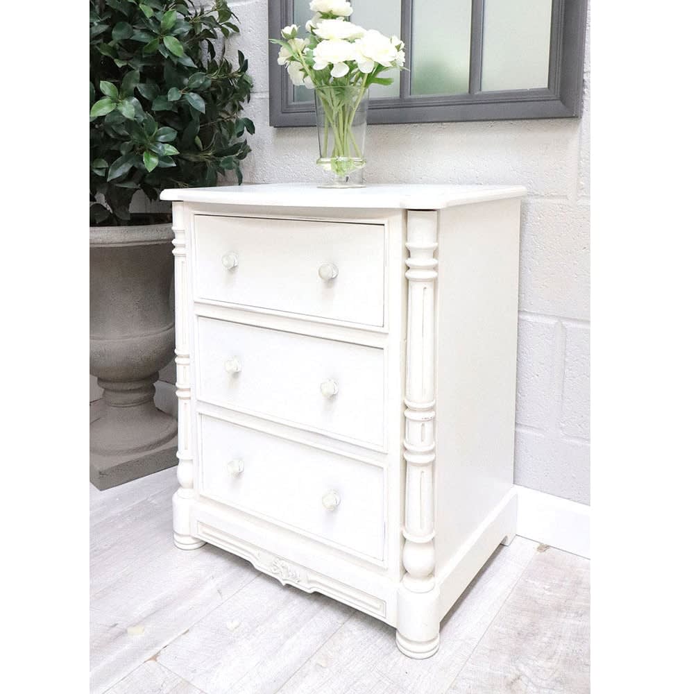 French Style White 3 Drawer Bedside White Handles