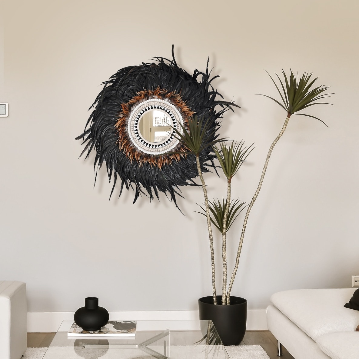 Indiana Black Beaded Round Wall Mirror with Feathers