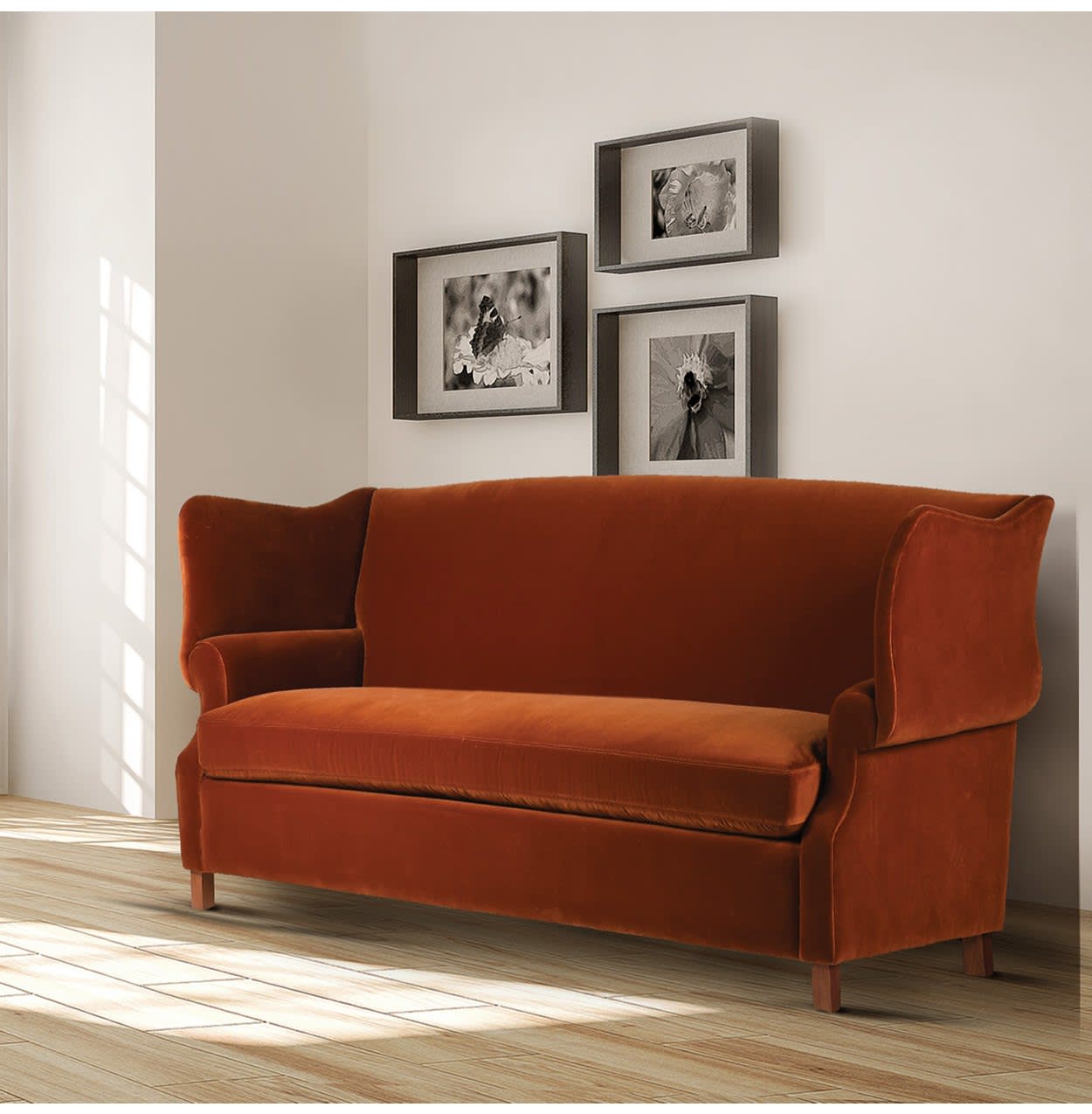 Rust Orange Cotton Velvet High Back Large Sofa