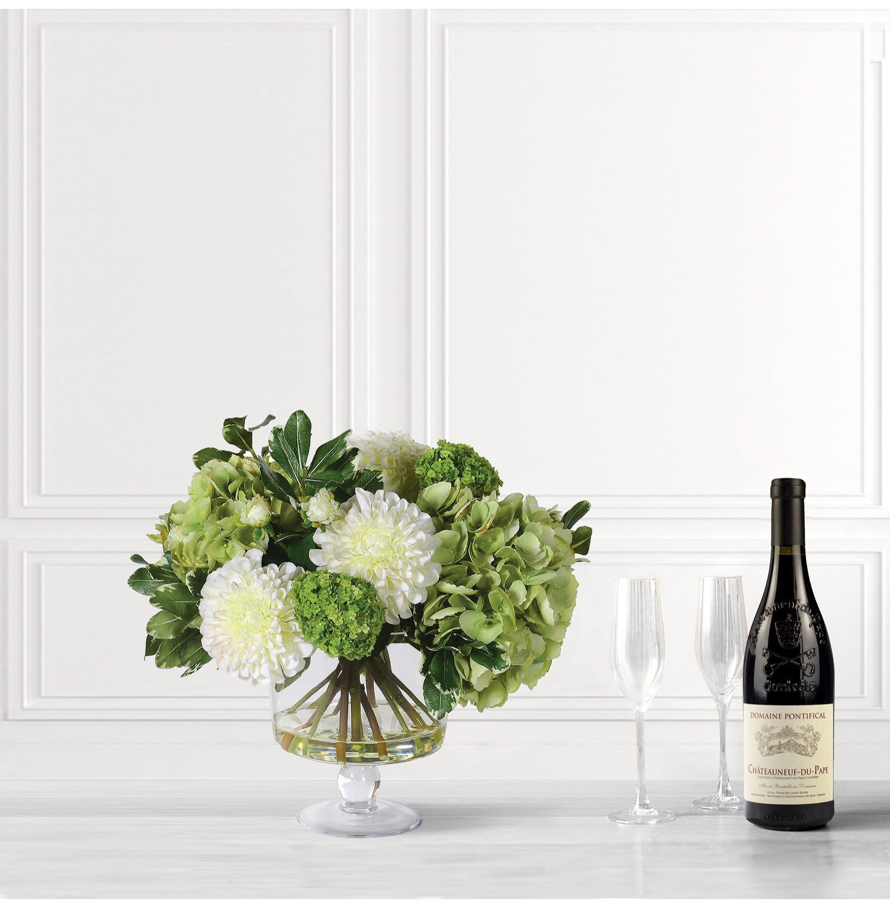 Mixed White and Greens Hydrangeas and Dahlia Floral Arrangement in Glass Footed Bowl