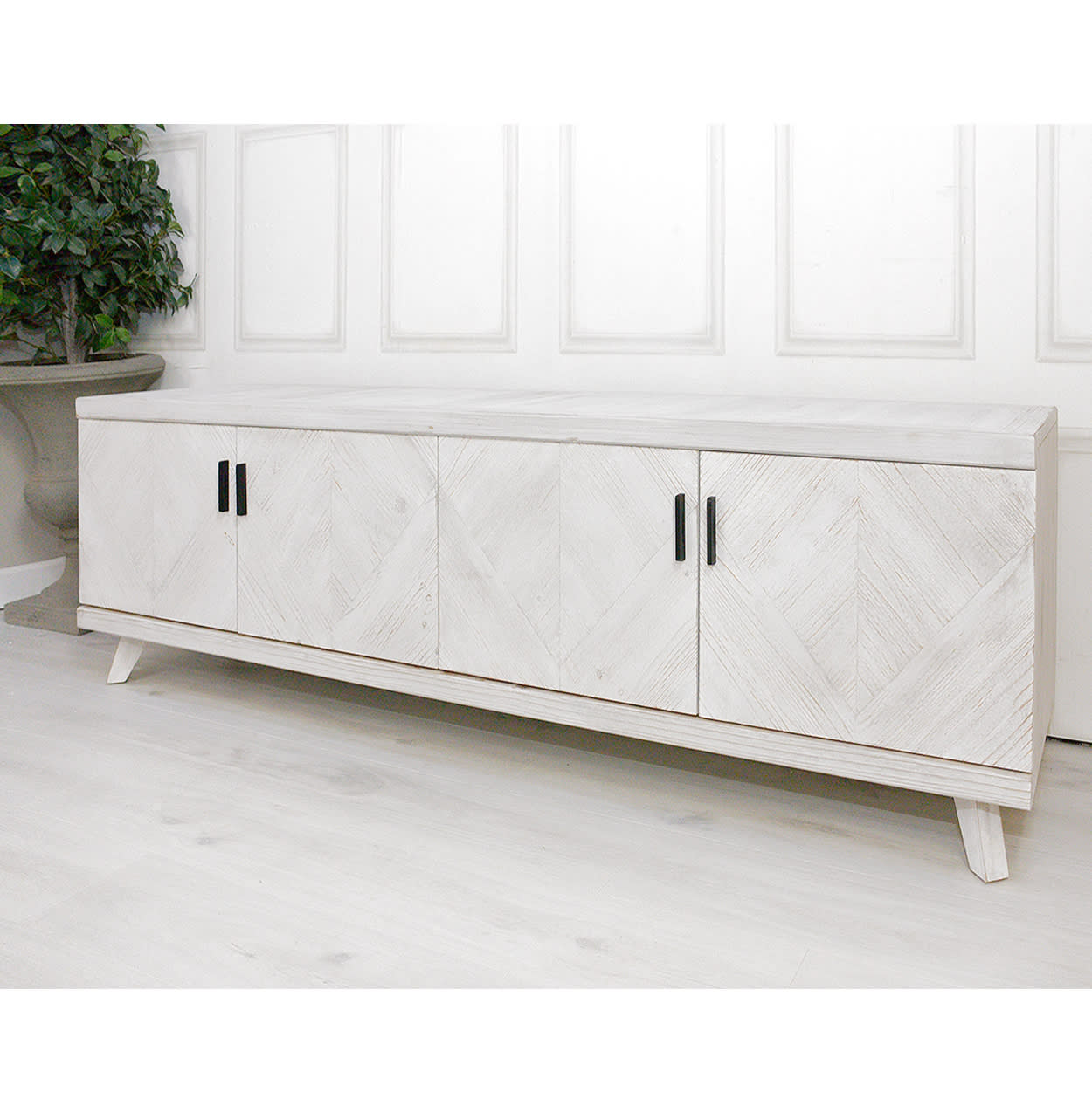 Herringbone Design Parquet TV Unit with white wash finishing