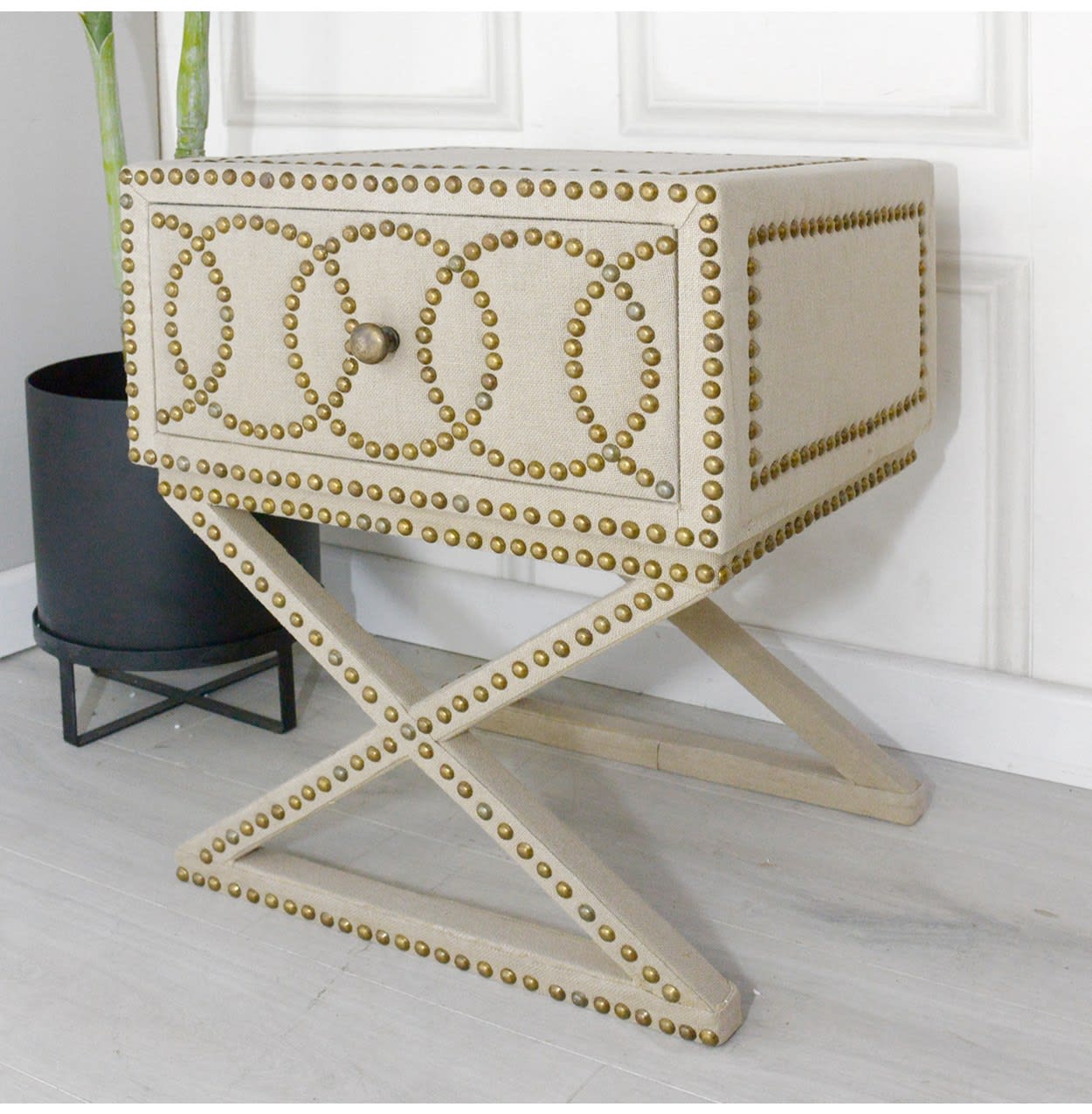 Studded Linen Cross Leg Bedside Table