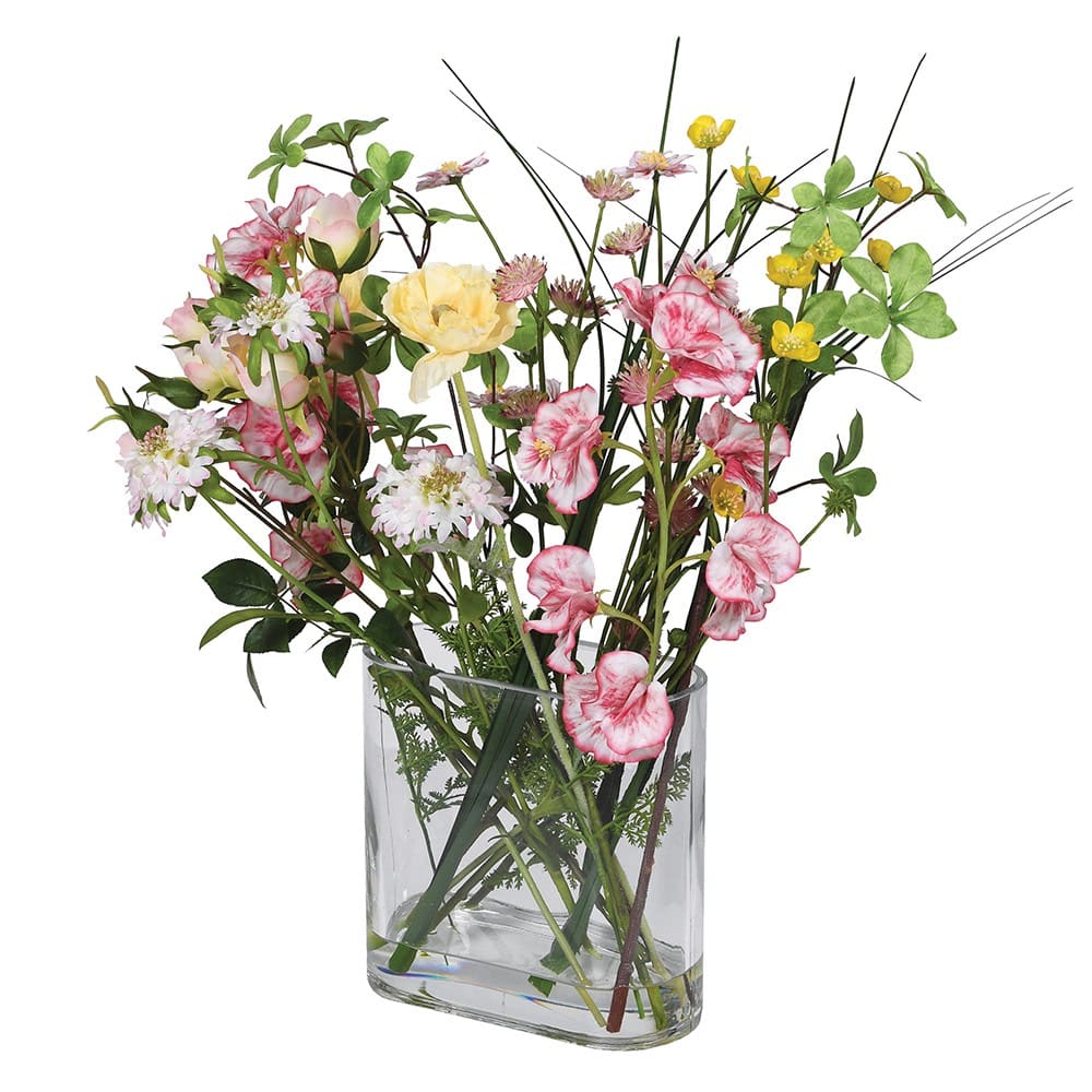 Faux Wild Meadow Flowers in Glass Vase