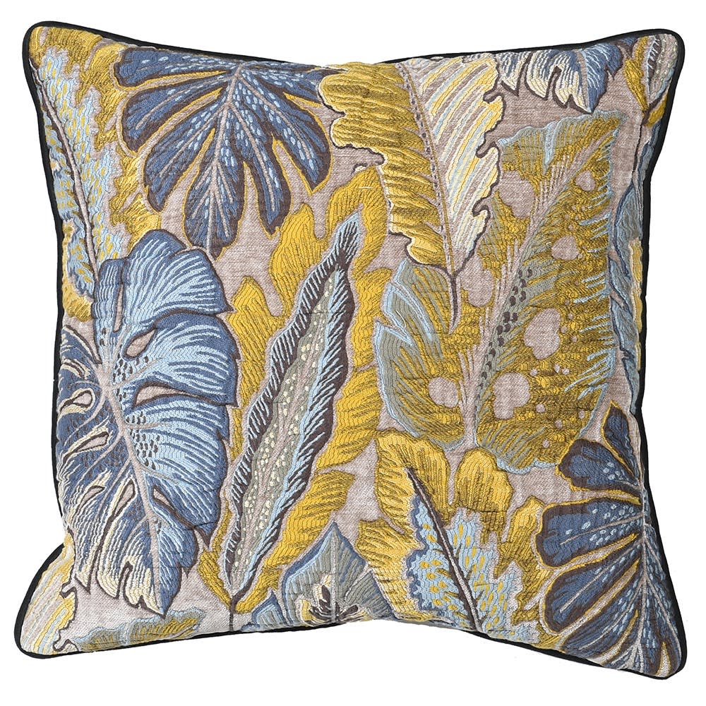 Mustard Blue Leaves Cushion