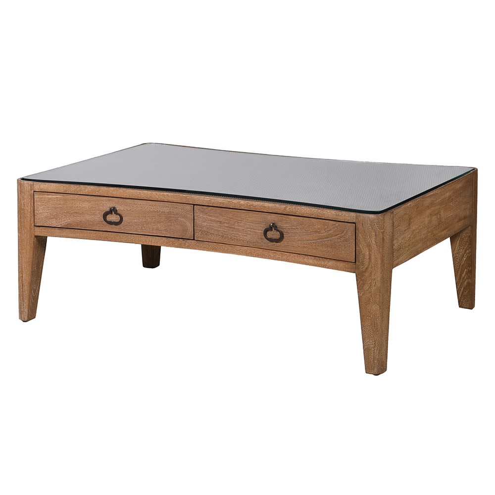 Natural Wood 4 Drawer Coffee Table with Glass Top