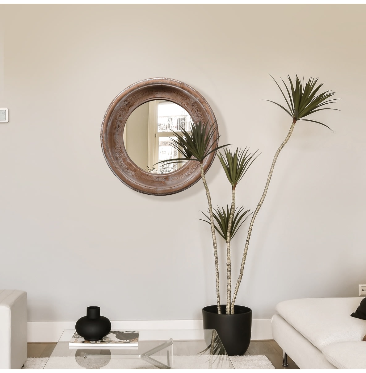 White Wash Round Wooden Mirror