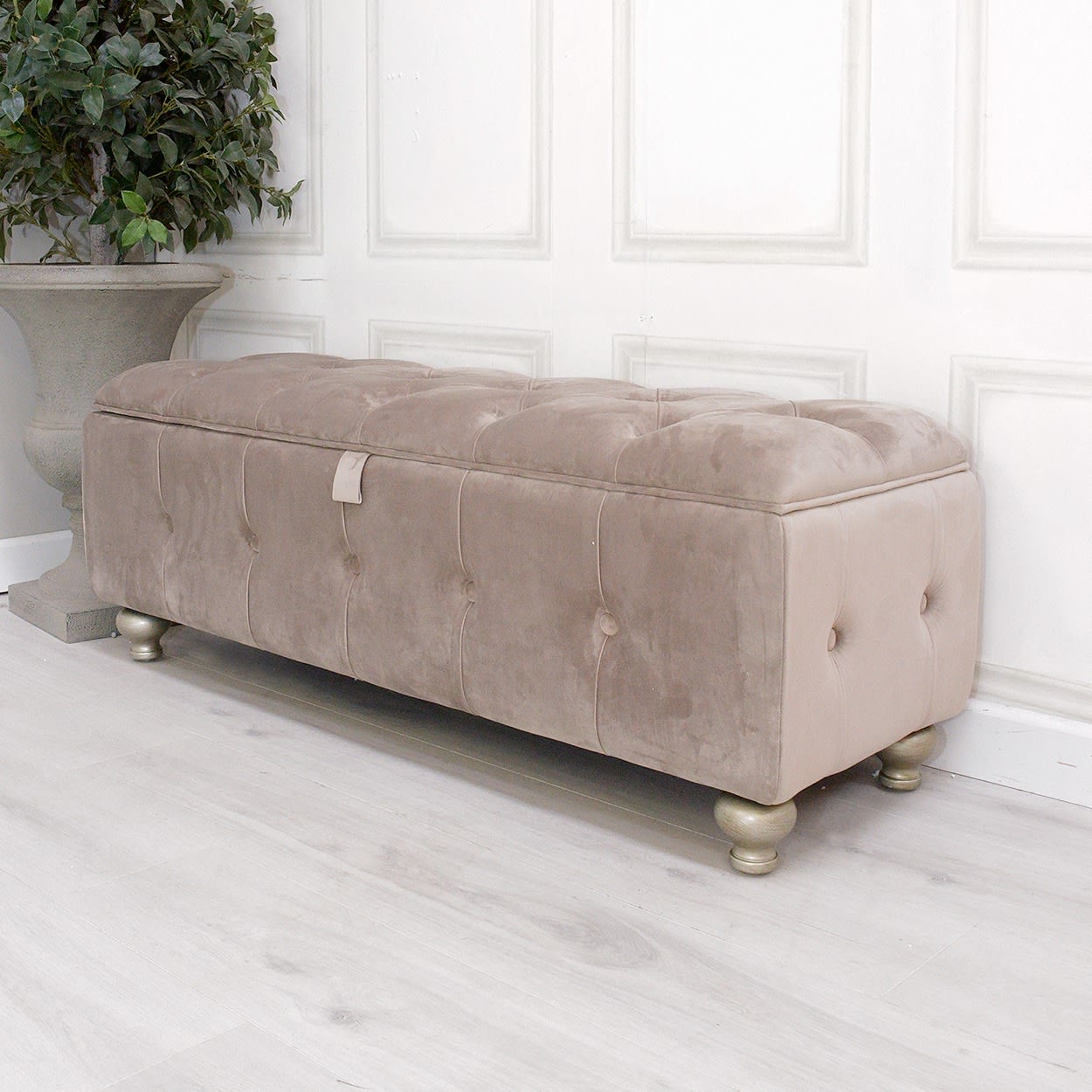 Vida Living Jessica Taupe Velvet Buttoned Storage Ottoman