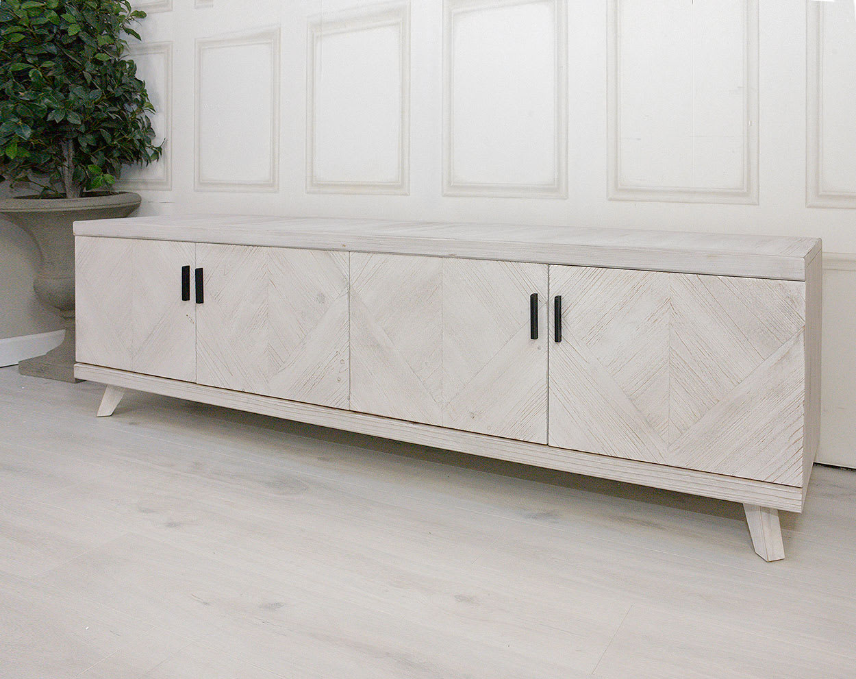 Herringbone Design Parquet TV Unit with white wash finishing