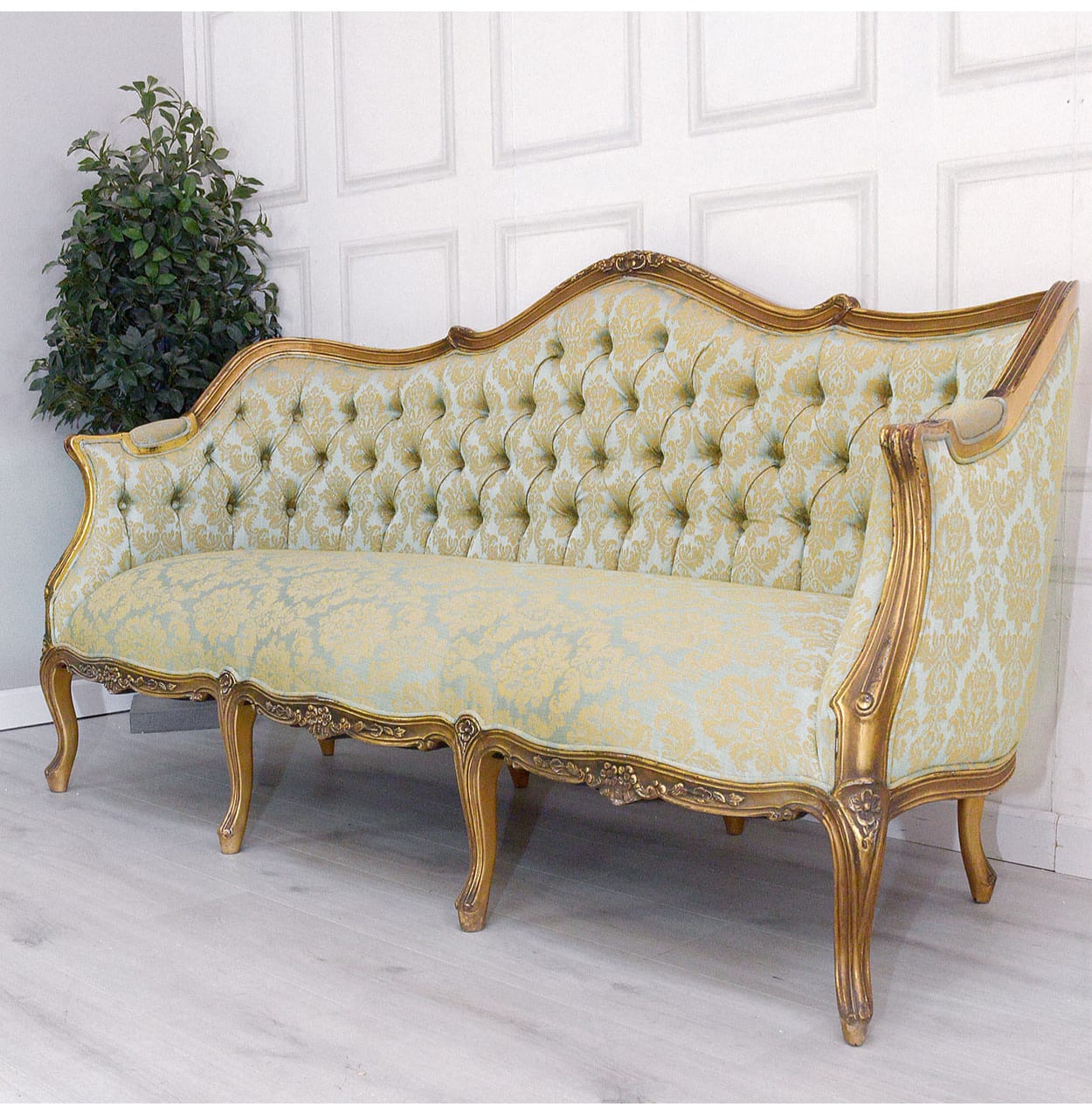 French Style Gold Gilt Patterned Silk Sofa Large