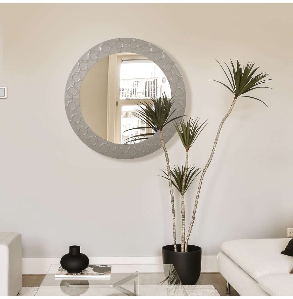 Grey Leather Stitched Round Wall Mirror