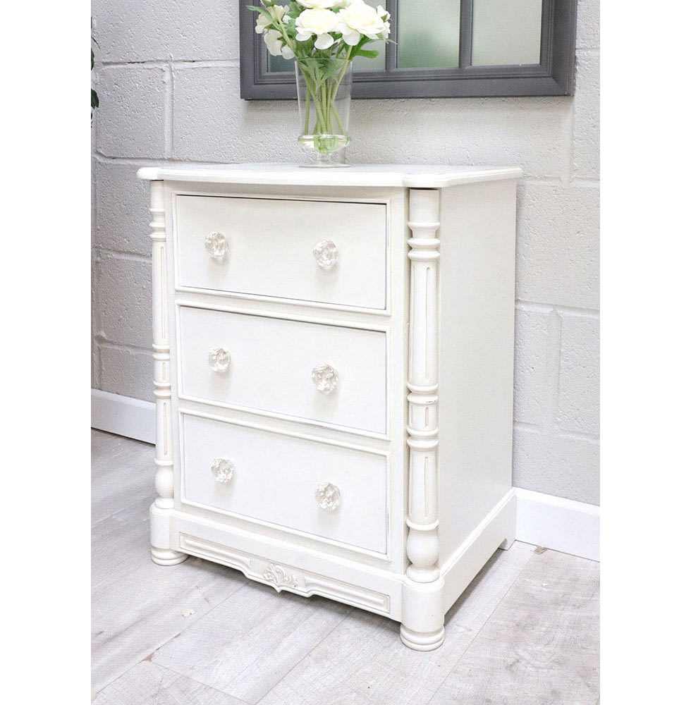 French Style White 3 Drawer Bedside Crystal Handles