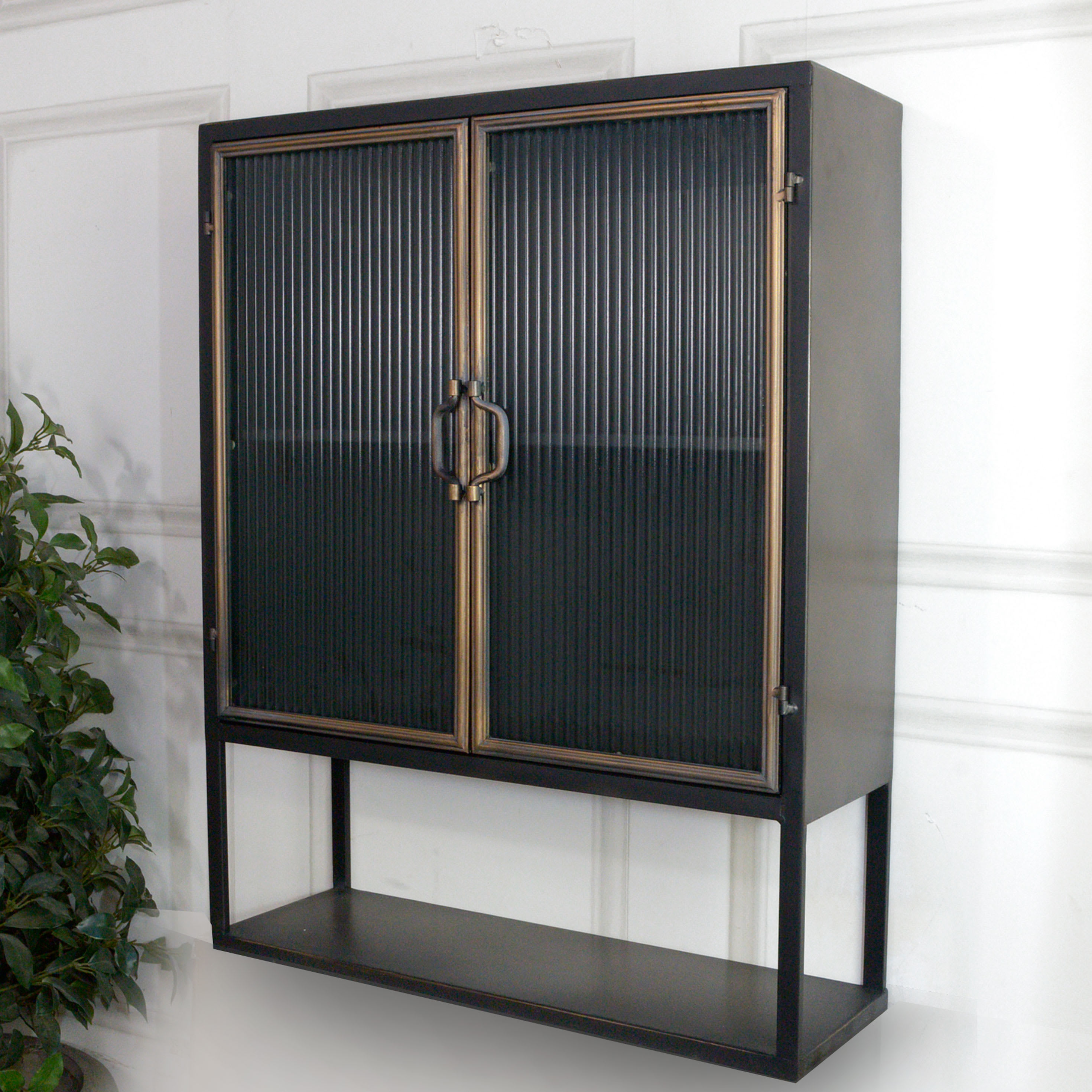 Black Metal and Glass Wall Cabinet with Shelf
