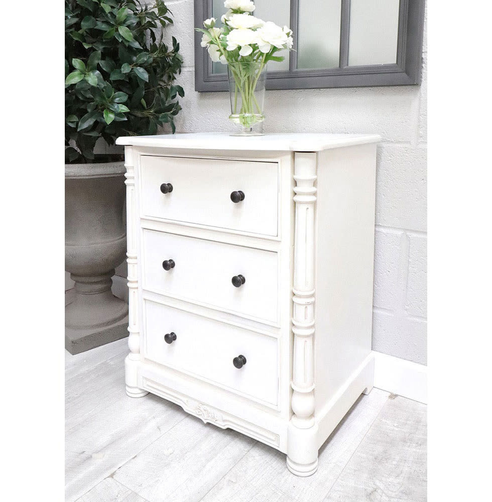 French Style White 3 Drawer Bedside Table