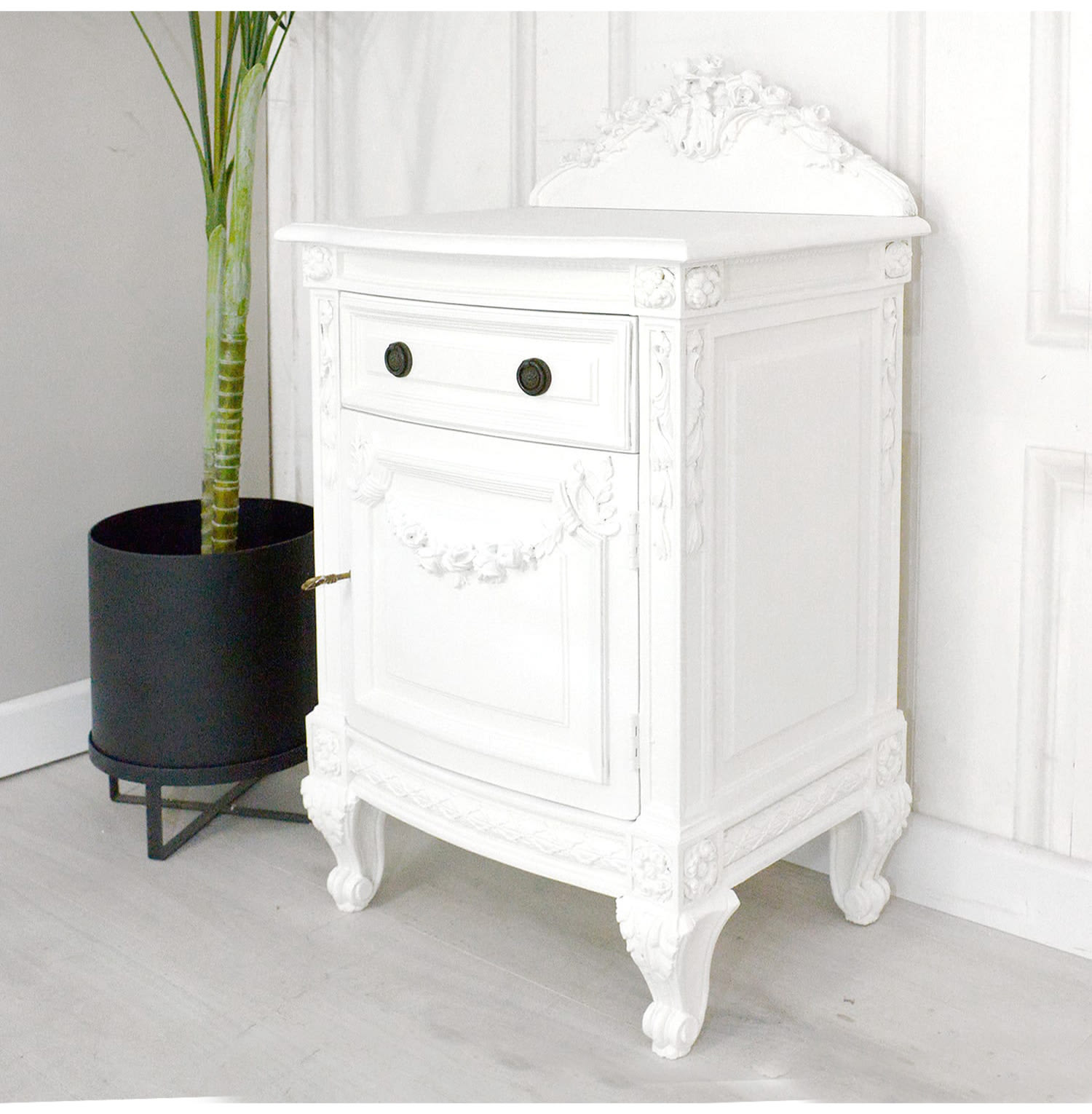 French Style White Heavy Carved Bedside Table