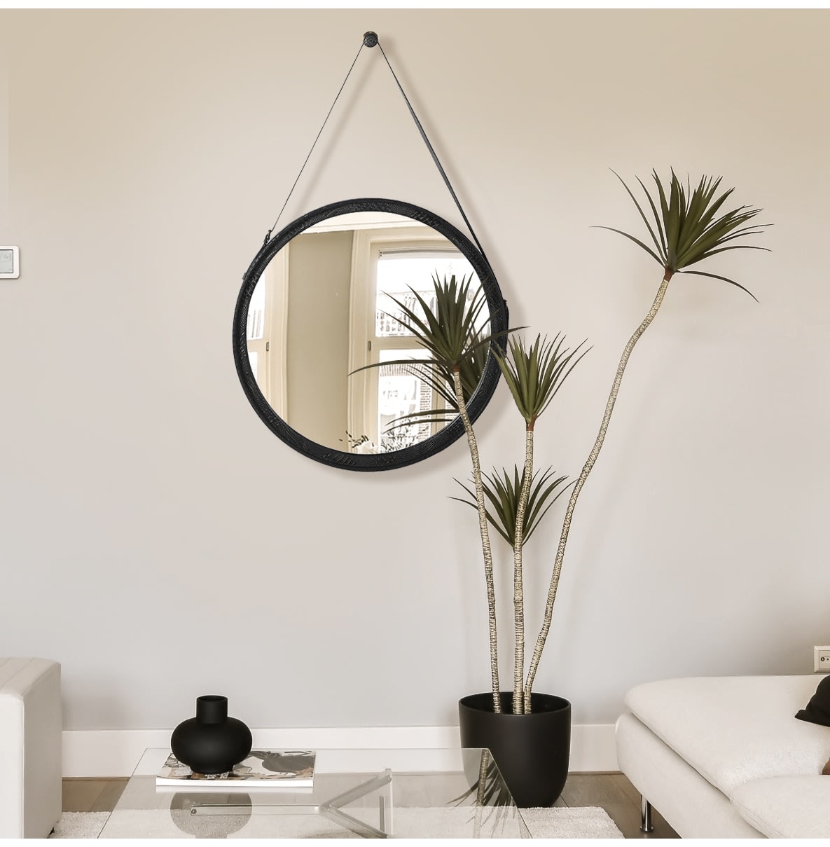 Round Black Leather Hanging Wall Mirror