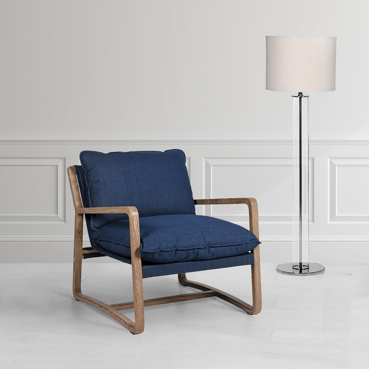 Blue Denim Armchair with Wooden Frame